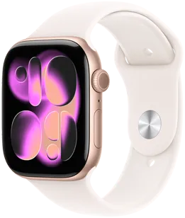 Apple Watch Series 11, rose gold color, aluminum case, Responsive Art watch face, right side exterior, Digital Crown, microphone, side button, Sport Band, light blush color, silver pin-and-tuck closure