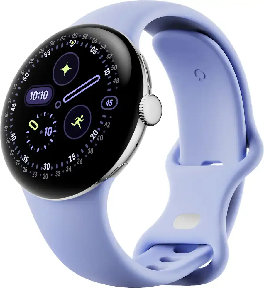 Front. Google - Google Pixel Watch 4 (41mm) - LTE - Polished Silver Case - Iris Band.