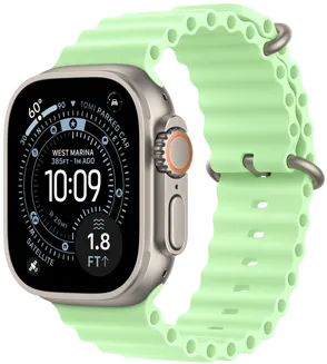 Apple Watch Ultra 3, natural color, titanium case, Orienteering watch face, complications: weather, parked car location, satellite, and distance to surface, right side exterior, Digital Crown, microphone, side button, Ocean Band, neon green color