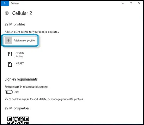 Cellular 2 options window with Add a new profile highlighted